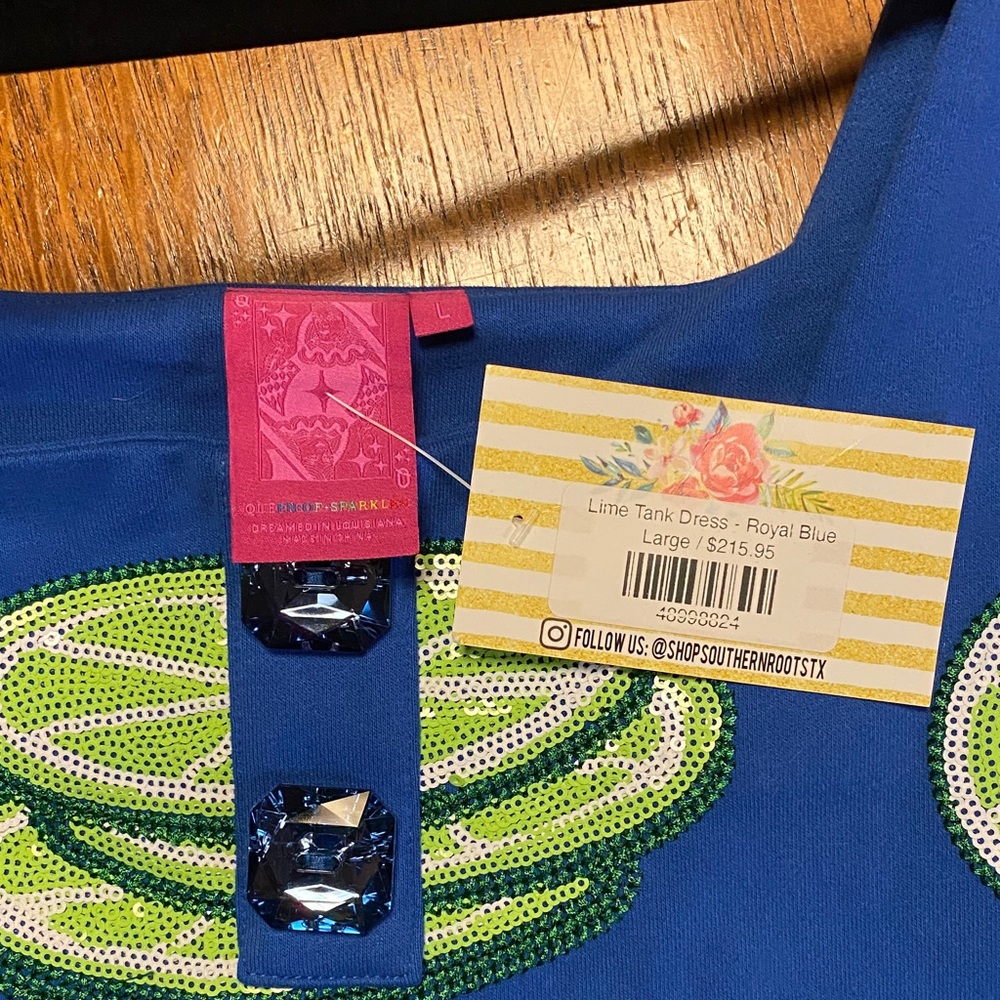 QUEEN OF SPARKLES Blue Tank Top with Lime Appliqué - Picture 3 of 4